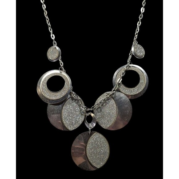 Whimsical Glitter Silver Tone Medallion Charm Necklace - Picture 2 of 6